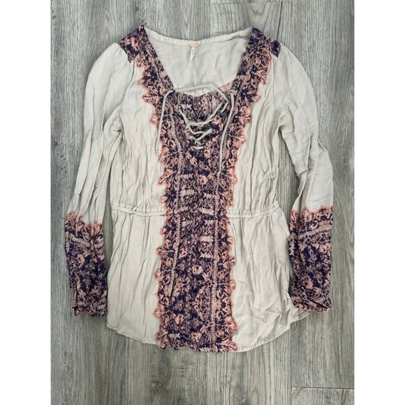 Free People Boho Lace-Up Tunic Blouse Cream & Purple Embroidered Top Size S - Picture 1 of 10